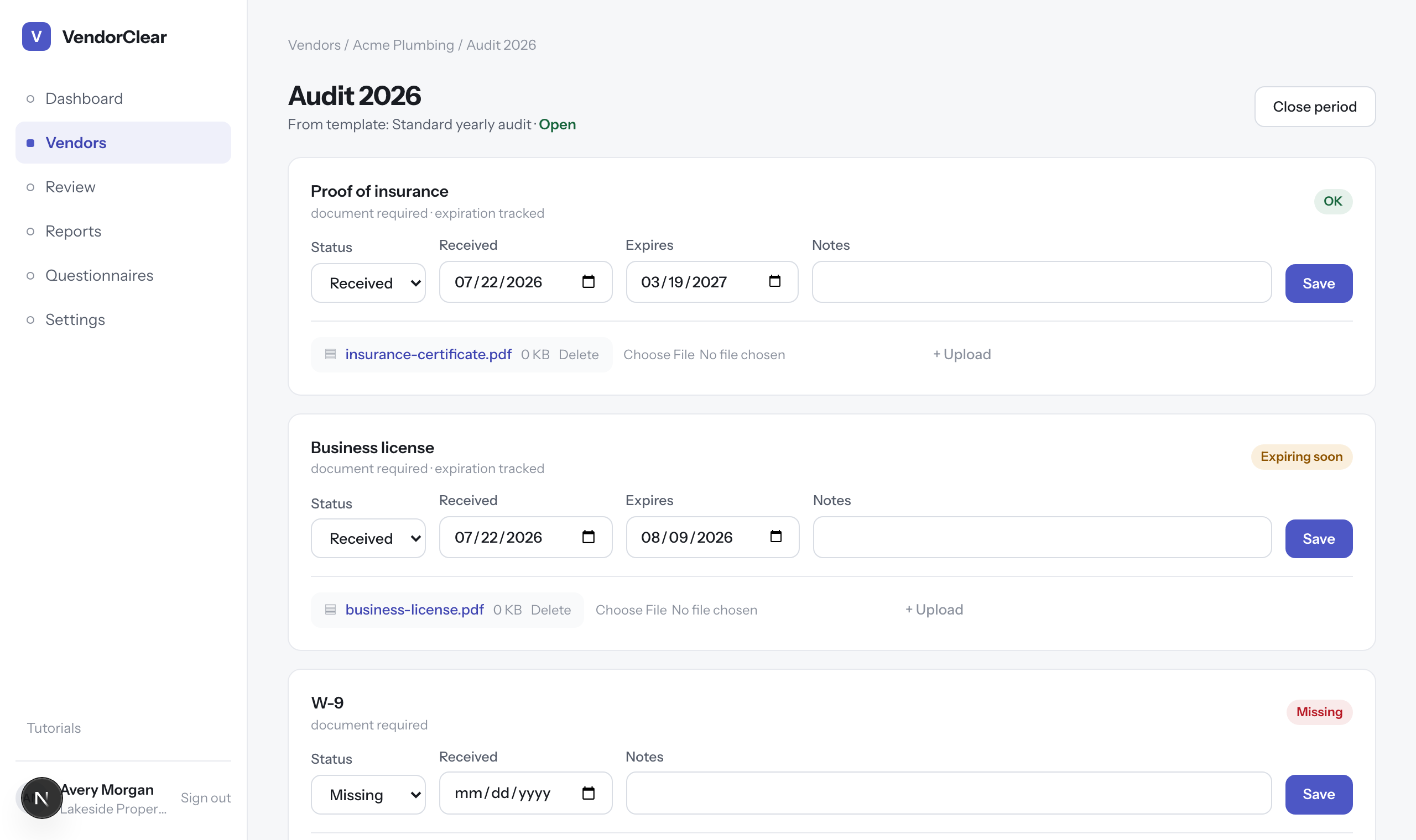 An audit period screen with checklist items in OK, expiring soon, and missing states