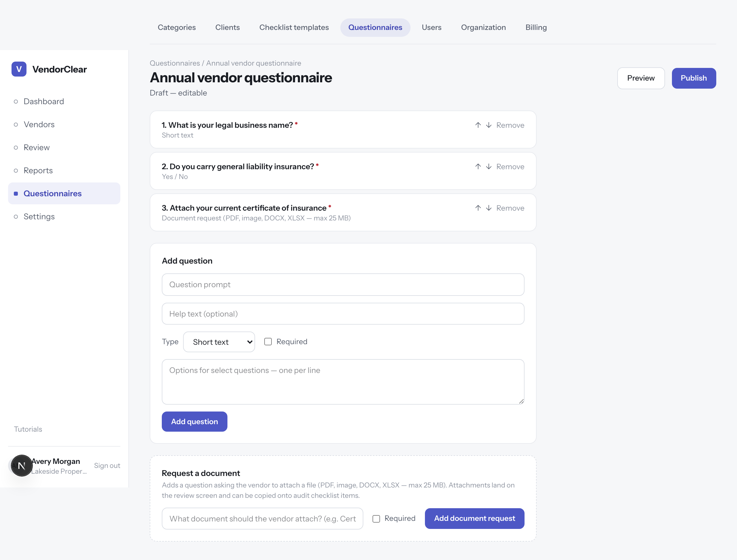 The questionnaire builder with three questions, the add-question form, and the request-a-document control