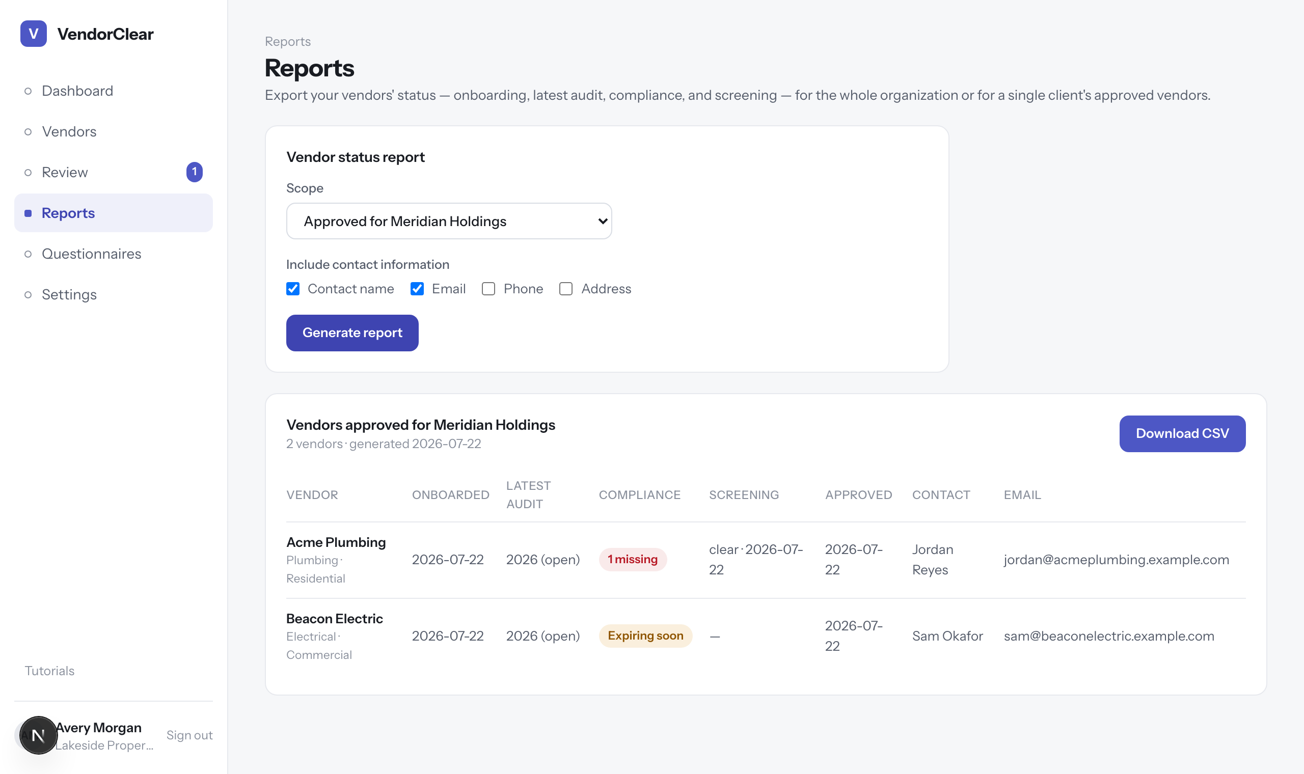 The Reports screen with scope and contact-field options and a generated vendor status table