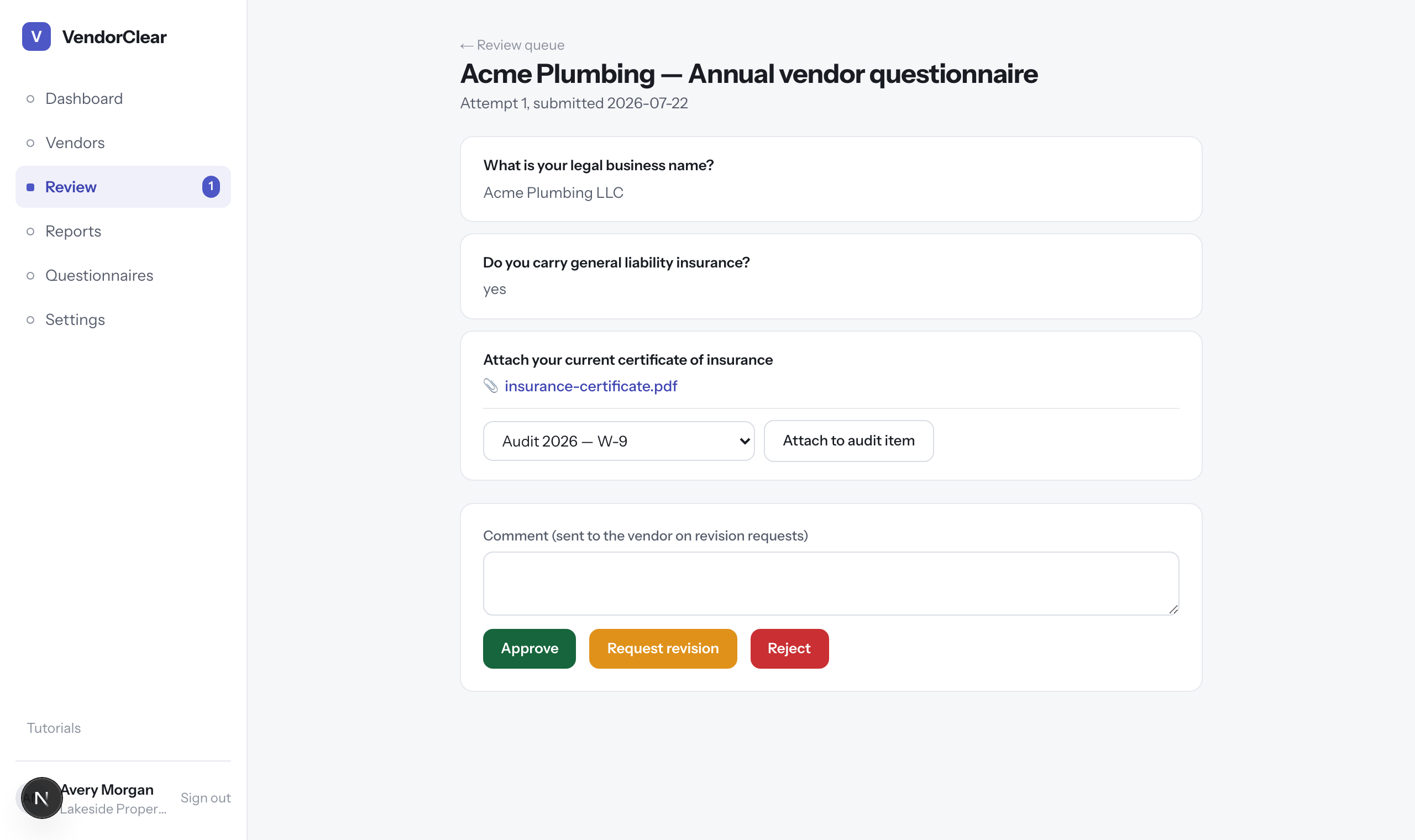 A submission open in the review queue, showing answers, an attachment, and the approve, request revision, and reject actions
