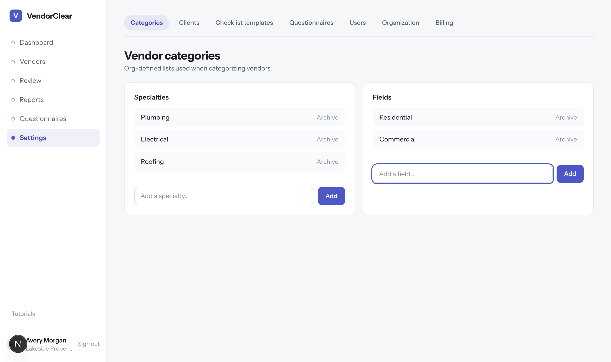 The Categories settings screen with specialty and field lists