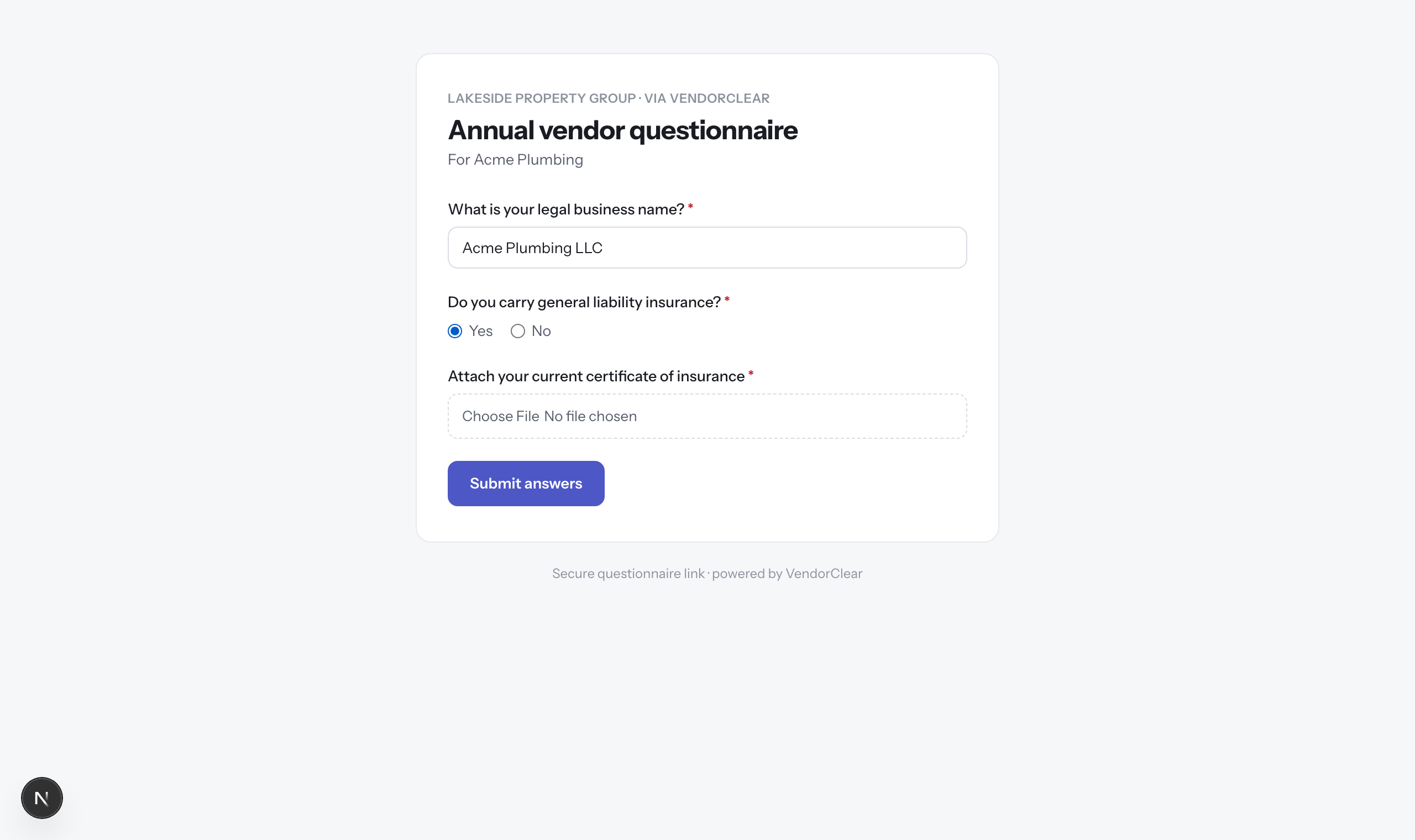 The vendor's view: a branded questionnaire form with a text question, a yes/no question, and a file upload