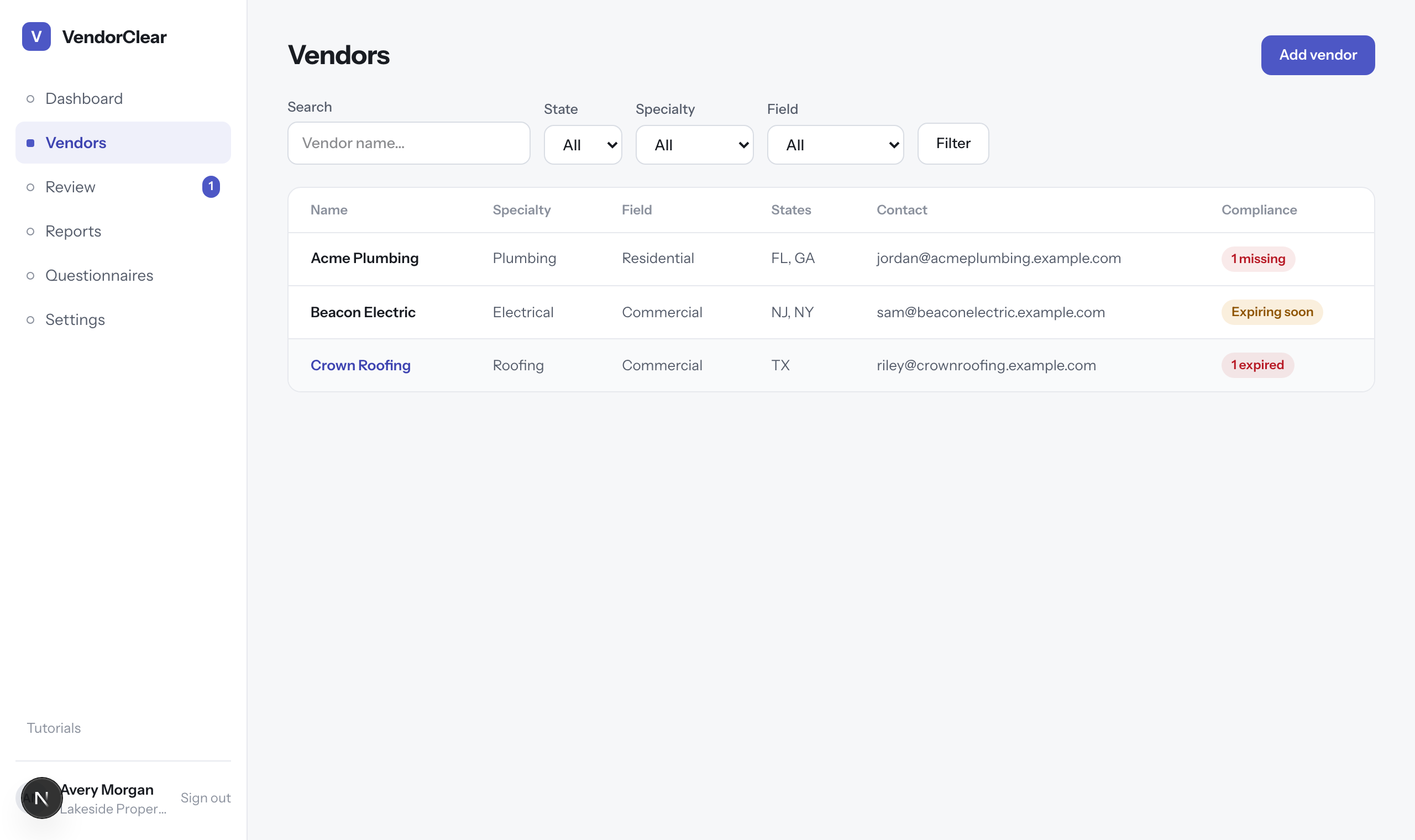 The vendor directory with search, filters, and a compliance column